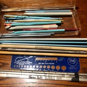 Crochet lot. Yarn. Crochet hooks.